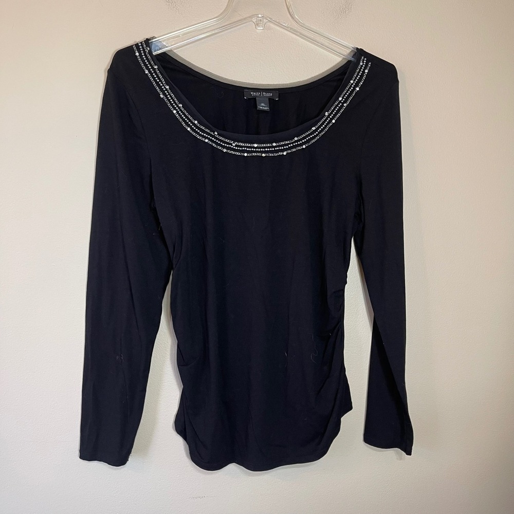 White House Black Market Black Long Sleeve Embellished Ruched Scoop Neck Top XL